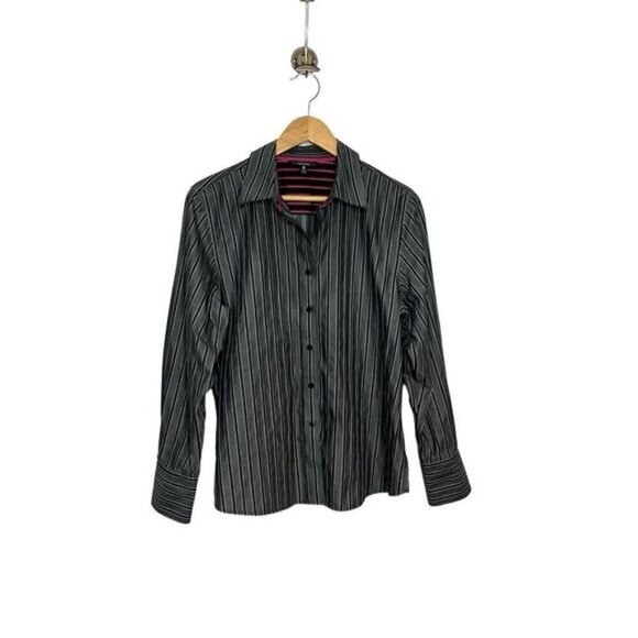 Foxcroft Women's 12 Stripe Non-Iron Shape Fit Long Sleeve Button-Up Shirt Grey - Picture 1 of 12